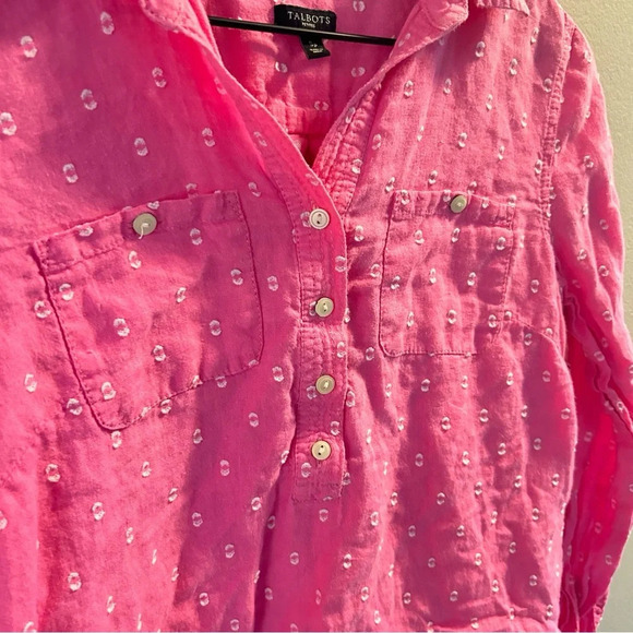 Talbots Linen Camp Shirt Clip Dot Size Small Petite Pink Button Down Top Beach - Picture 4 of 8